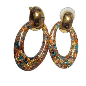 Dazzling Metallic Orange Gold Turq Oval HOOP Earrings GoldTone 2” Long NEW